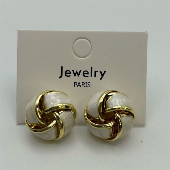 Bold 3D White Enamel and Gold Tone Layered Ribbon Dome Stud Earrings Classic - Picture 4 of 9